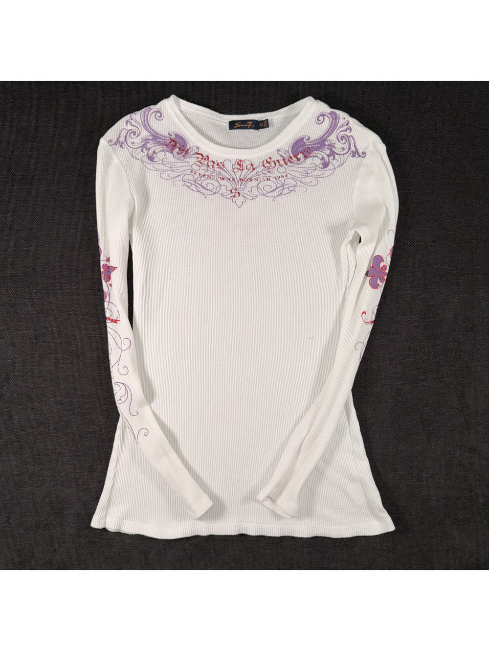 Seven7 Women's White Long Sleeve Waffle Knit Shirt with Purple and Red Floral, M